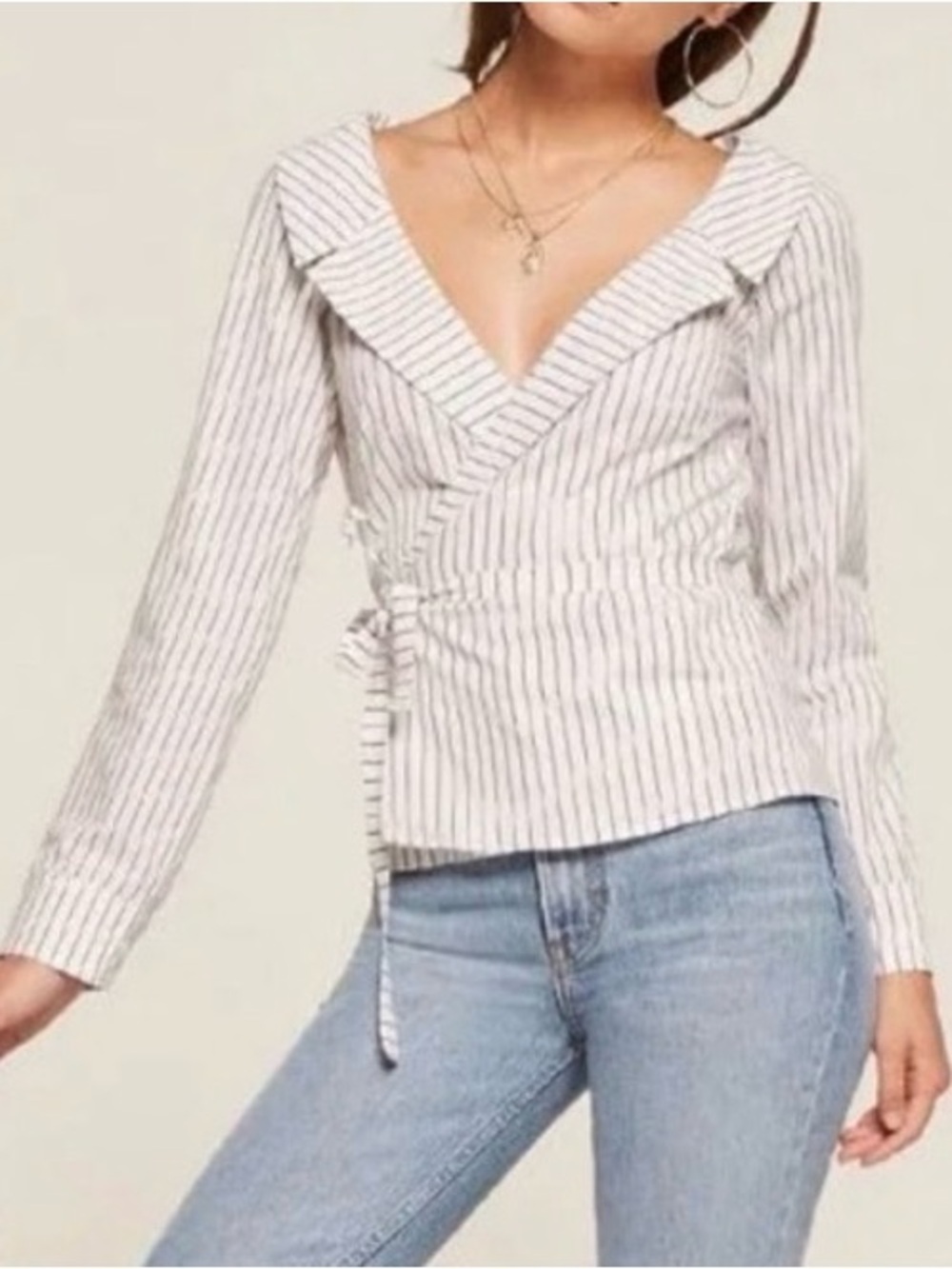 Reformation Dimitri Top, Women’s Blouse,  Size XS, Pinstripe, White, Wrap Top,